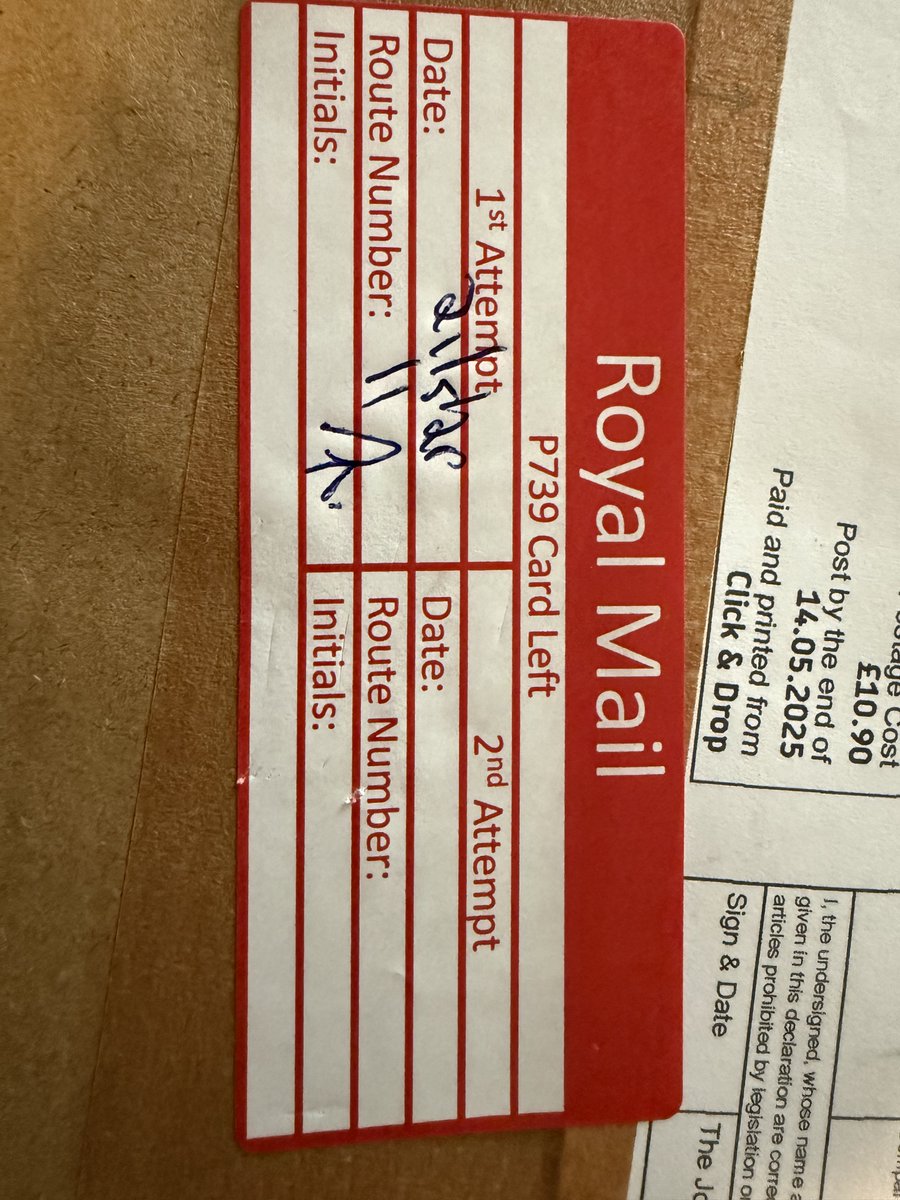 michael1952's tweet photo. @RoyalMail Came home to find an RTS International tracked  parcel by my bin w/ P739 sticker dated yesterday indicating they had tried to deliver &amp; failed ONE never rec'd  that form so no record of the failure TWO this is not tracked service I paid for want postage £10.90 refunded https://t.co/8RQmFhrmbp