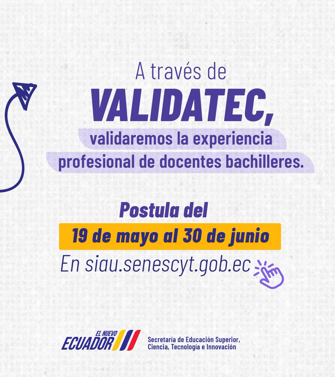 EduSuperiorEc's tweet photo. ¡Postula a #ValidaTec!

📢 ¿Eres docente del Magisterio Fiscal Ecuatoriano y no has obtenido título de 3er nivel?

Tu experiencia puede ser reconocida con un título técnico-tecnológico en Educación Inicial

🗓️ Tienes del 19 de mayo al 30 de junio

🔗 En 👉 https://t.co/sc48wf5MTU https://t.co/9Ykt708WVa