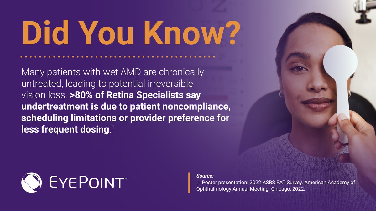 EyePoint Pharmaceuticals (@eyepointpharma) on Twitter photo Wet AMD can cause irreversible vision loss, and patients face a high treatment burden, often leading to missed appointments.
This #HealthyVisionMonth, we’re advancing our Phase 3 #WetAMD program and are proud to partner with <a href="/FightBlindness/">Foundation Fighting Blindness</a> in the fight against #RetinalDiseases. Wet AMD can cause irreversible vision loss, and patients face a high treatment burden, often leading to missed appointments.
This #HealthyVisionMonth, we’re advancing our Phase 3 #WetAMD program and are proud to partner with <a href="/FightBlindness/">Foundation Fighting Blindness</a> in the fight against #RetinalDiseases.