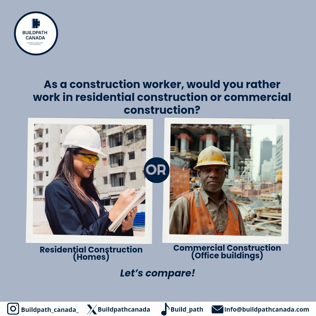 Buildpathcanada's tweet photo. Which area excites you the most: 
Residential construction or Commercial projects? Let’s hear your choice! 
#ThisOrThat #ConstructionCareers #BuildPath #jobs https://t.co/r0HZkZiUJ8