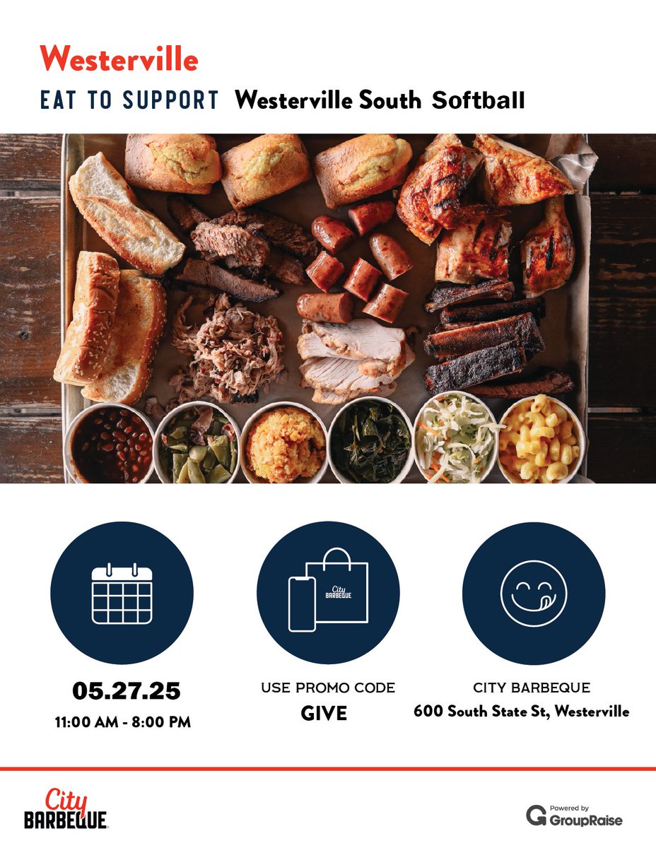 Tuesday, May 27th -- City Barbeque is donating 20% of orders to Westerville South High School!  Use the promo code GIVE or in store mention Westerville South High School.  Details here: grouprai.se/s304550 #groupraise #citybarbeque #westervillesouthhighschool #savethedate