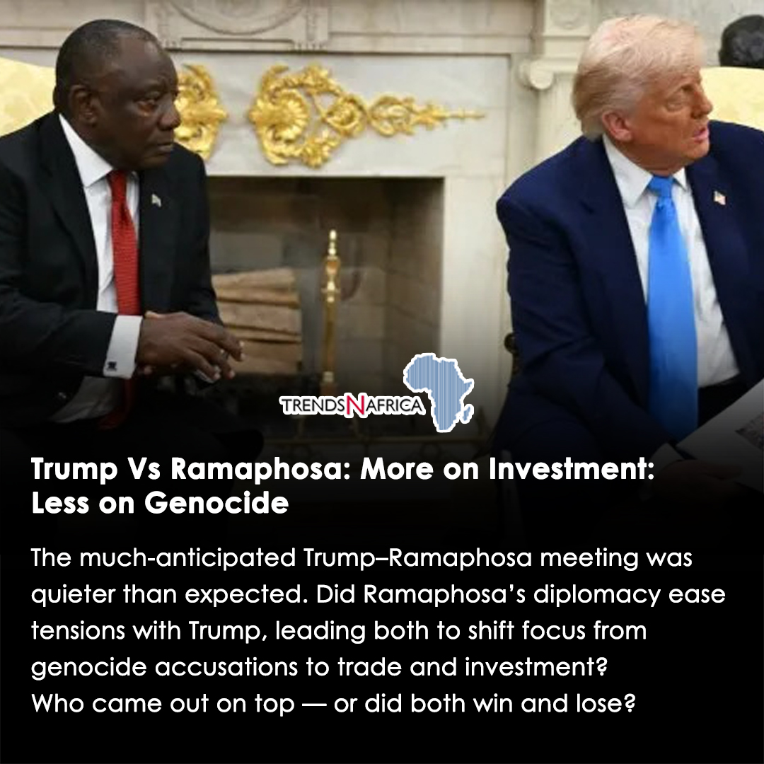 Trump Vs Ramaphosa: More on Investment: Less on Genocide 

The much awaited supposedly acrimonious meeting of US President Donald Trump  and  South African President Ramaphosa might have taken place at a much less decibel than expected.#Ramaphosa #Trump
trendsnafrica.com/ramaphosa-clai…