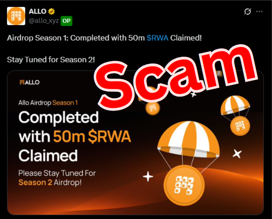 SAGEAIRDROPS's tweet photo. ⚠️ @allo_xyz  Team Full of Scammers ⚠️

1/ Allo_xyz Airdrop Scam with Community

They closed their airdrop early — before the announced deadline of May 25, 2025 — without warning.

--

2/ They quietly switched to a “first come, first serve” model, which blocked many eligible users from claiming their tokens.

No prior notice. No heads-up.

--
  
3/ People who actively supported the project were shocked and disappointed by the sudden change.

There was no clear communication from the team.

--

4/ The project reportedly raised $100M+ from VCs, but the team’s mods/admins are silent on the issue.
No answers. No accountability.

--

5/ Airdrops are built on community trust. When projects act like this, it hurts the whole space.

We deserve better.

Lets Report Against Them on X

#Alloscam #AirdropScam #scamwithcommuntiy