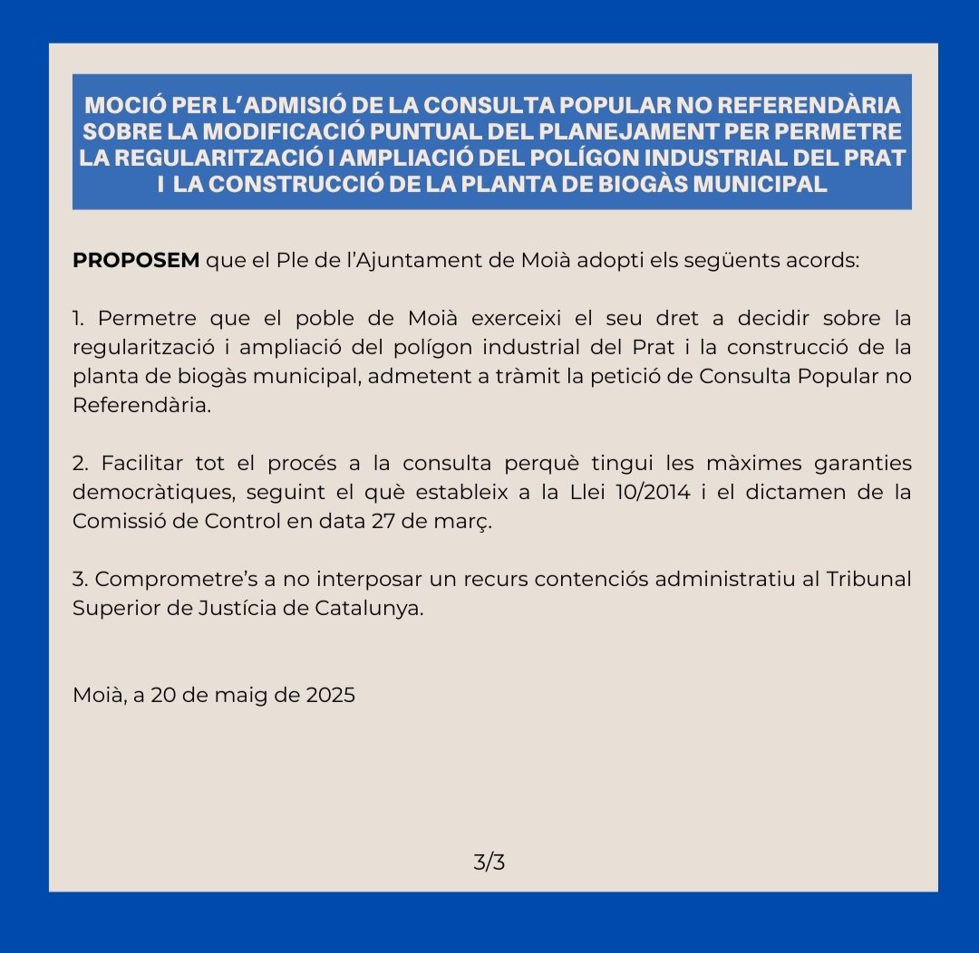 📢 El Ple de Moià aprova una moció per l'admissió de la consulta popular no refrendària sobre la modificació puntual del planejament per permetre la regularització i ampliació del PI El Prat i la construcció de la planta de biogàs municipal amb vots a favor <a href="/aramoia/">aramoià</a> i <a href="/pscmoia/">PSCMOIÀ</a>