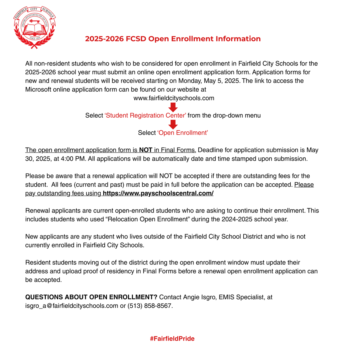 FCSDNews's tweet photo. All non-resident students who want to be considered for FCSD open enrollment for the 2025-26 school year must submit an online application. Read more in the flyer⤵️. For additional information and to complete the online open enrollment form, please visit https://t.co/vSgc5w1F6H https://t.co/Gl0HCpQQTV