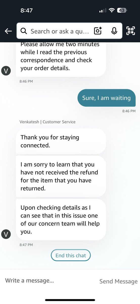 deep12061985's tweet photo. @AmazonHelp This link is redirecting to me the regular customer service agent, not the specialist. Refer to the screenshots for our conversation where agent have denied offering any support. https://t.co/Y4svMeC0q2