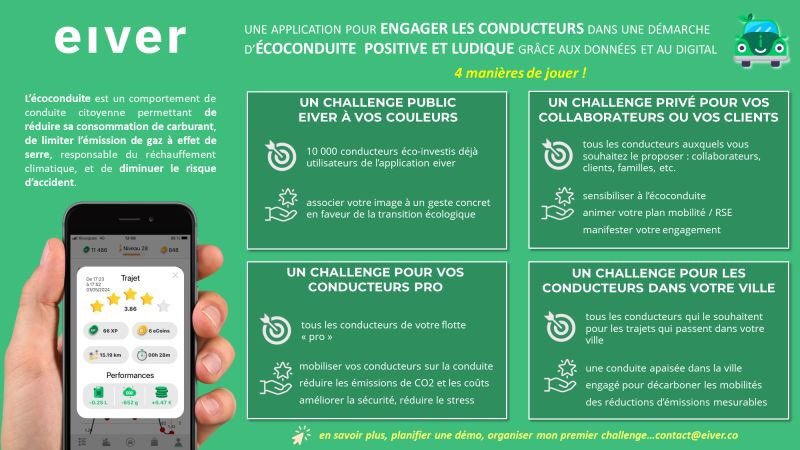 A chacun son challenge d'écoconduite !
Mettre en place un challenge d'écoconduite avec <a href="/follow_eiver/">eiver</a> c'est facile, rapide, peu couteux et cela réduit de 15% les émissions de CO2 ! 
A quand votre premier challenge ?
#RSE #ecoconduite #mobilité #CO2