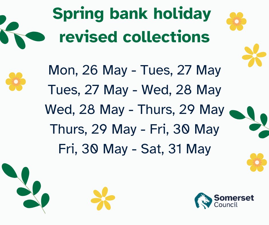 🔔It's bank holiday on Monday 26 May and no collections will take place.
🗓️All collections will be one day later following the bank holiday. Including collections on Sat31 May for those who usually have a Friday collection
Check your collection days online somerset.gov.uk/collection-days
