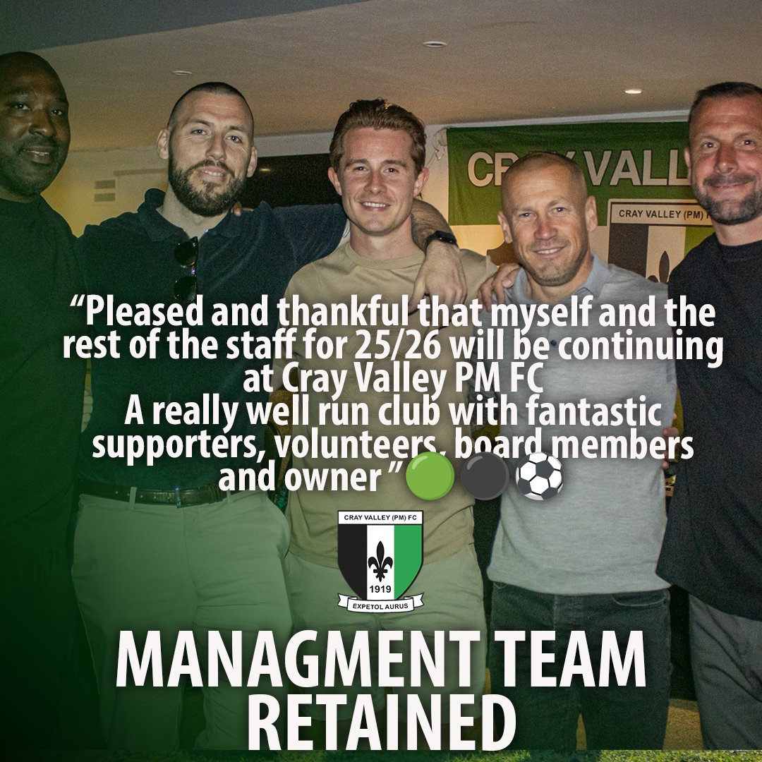 🔒 MANAGEMENT TEAM CONFIRMED FOR 25/26 🔒

We’re proud to announce that Steve McKimm and his management team will be staying at Cray Valley PM for the 2025/26 season! 💚🖤

Under Steve’s leadership, the squad has continued to grow in belief, discipline, and ambition — and we’re