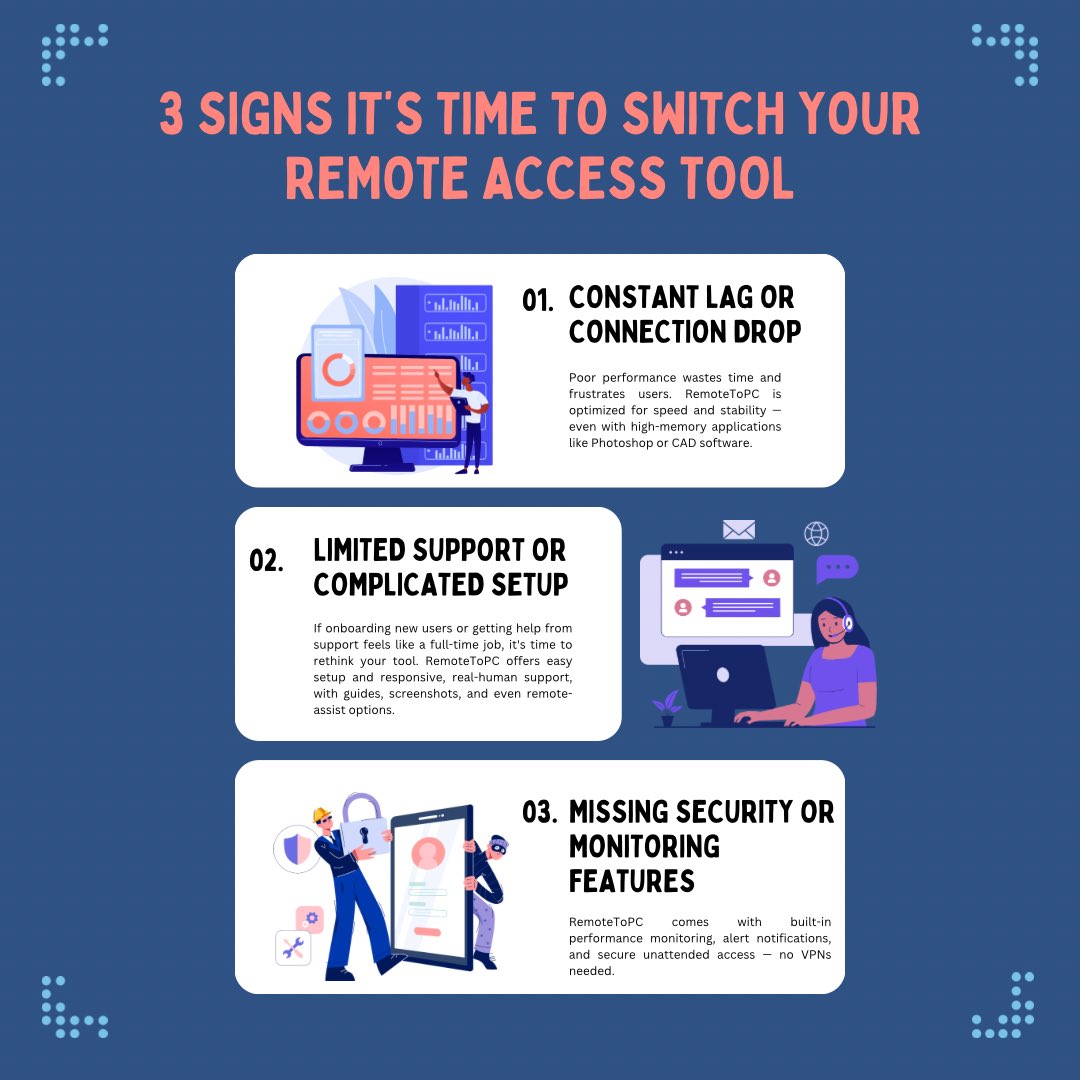 remotetopc's tweet photo. Is your remote access tool slowing you down?

🔍 RemoteToPC offers fast, secure, and easy remote access — built for IT teams and professionals who need reliability without the hassle.

💼 Learn more: https://t.co/C8vF2Zmaan

#RemoteWork #ITSupport #RemoteAccess #RemoteToPC #DigitalTools #SysAdmin