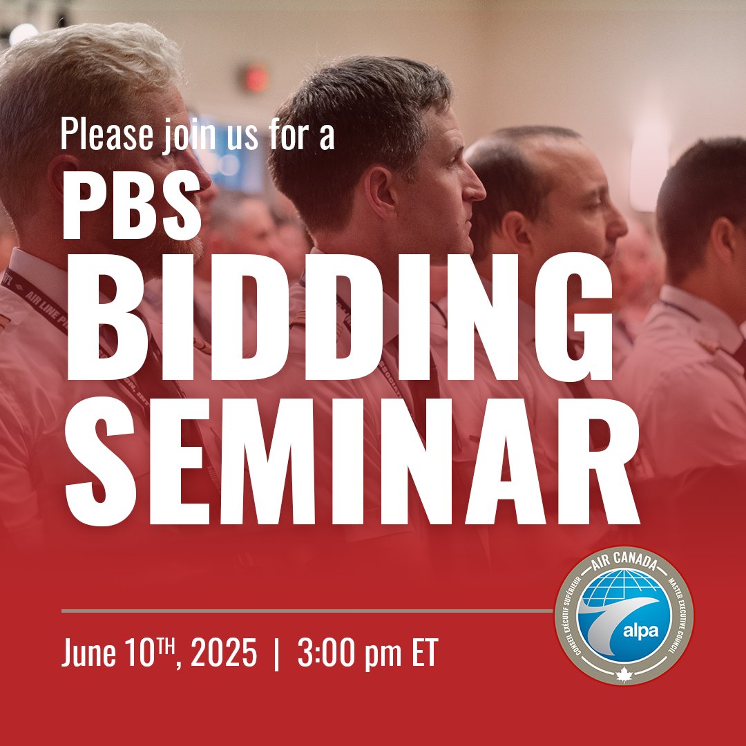 Mark your calendars! Our next PBS Bidding Seminar will take place in Toronto on June 10th.
 
Join us for an in-person educational session and an opportunity to speak one on one with your PBS volunteers.
 
RSVP here: forms.alpa.org/251184099149969