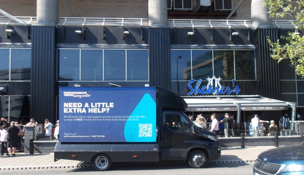 AdsDirectLtd's tweet image. Talk about making a big impression... Check out our glorious #digivan display at a recent @NUFC match for our wonderful client @NorthumbrianH2O Email us for matchday fan and weekend shopper targeting- digivan@adsdirect.org.uk #dooh #adverts #design #print #promotionalmerchandise