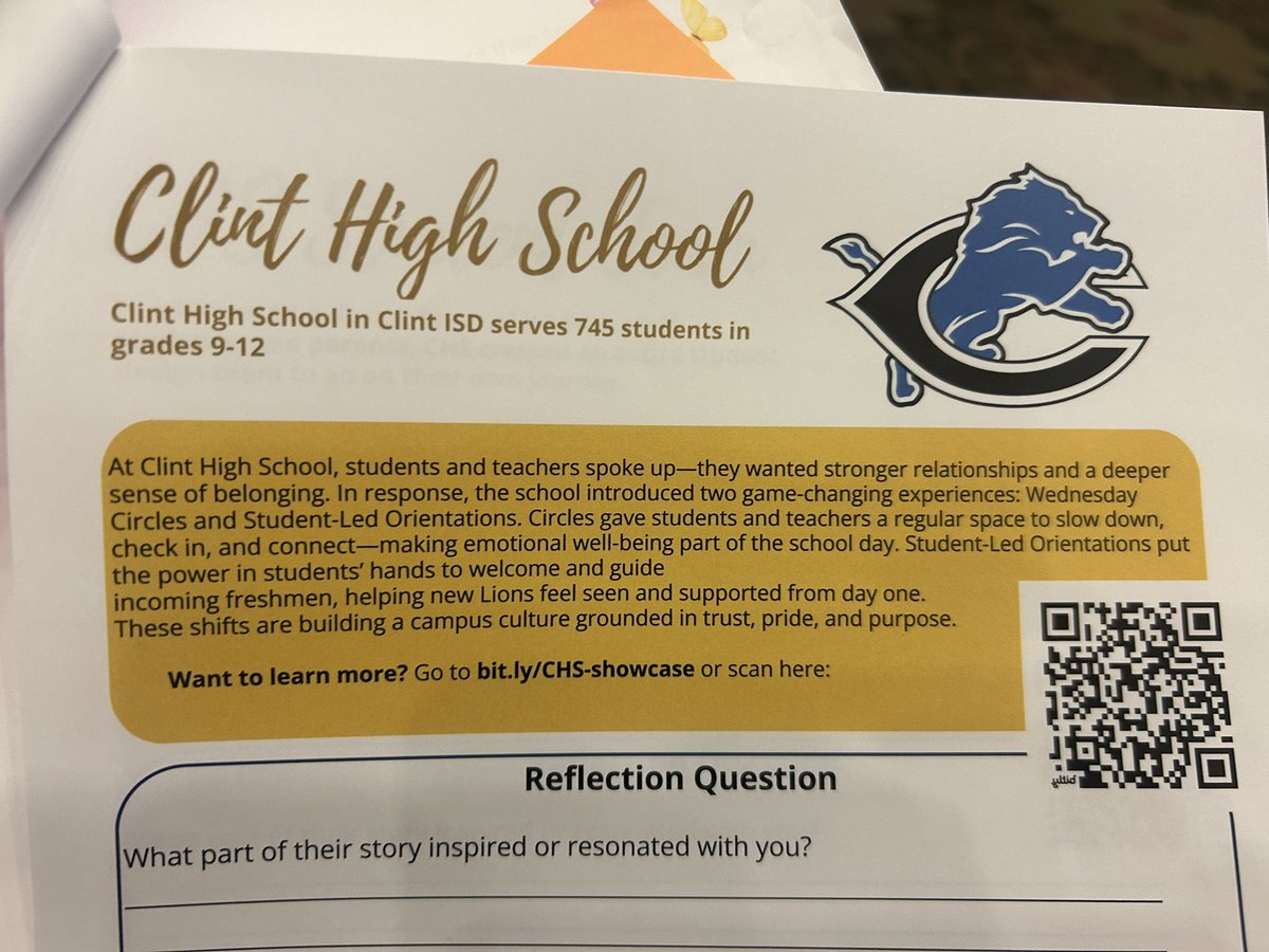 ClintHSLions's tweet photo. Last night’s Showcase 🌷
🌟Clint High School showed off & presented Classroom Circles & next year’s Student Led-Student Orientation
Great work done all year long & more to come 🦁#schooldesigncollaborative #creed #transend https://t.co/ruMW9QNSsb