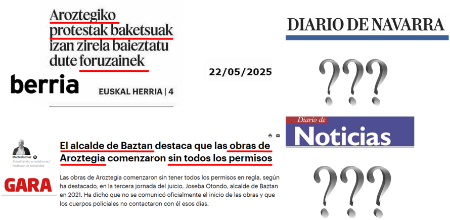 3º día juicio Aroztegia.

Policía foral confirma que las protestas fueron pacíficas, alcalde de Baztan dice que las obras de Aroztegia se iniciaron sin todos los permisos.

Otra vez SILENCIO TOTAL  en los diarios que se editan en Navarra.

¿Se puede ser más impresentable?