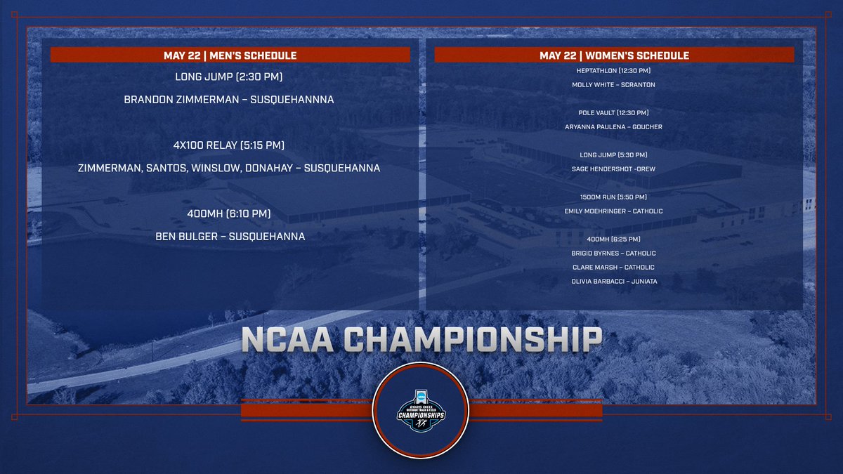 Landmark Conference (@landmarkconf) on Twitter photo Day 1 of the 2025 <a href="/NCAADIII/">NCAA Division III</a> Outdoor Track & Field Championship starts today!
Follow along ➡️ tinyurl.com/bdcvsbsp
And see today's schedule of the #LandmarkTF student-competing ⤵️ Day 1 of the 2025 <a href="/NCAADIII/">NCAA Division III</a> Outdoor Track & Field Championship starts today!
Follow along ➡️ tinyurl.com/bdcvsbsp
And see today's schedule of the #LandmarkTF student-competing ⤵️