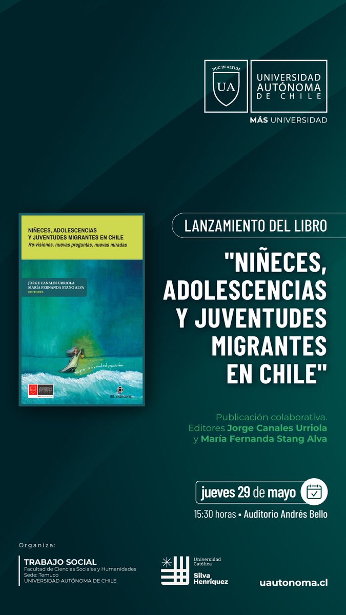 CISJU UCSH (@cisjuucsh) on Twitter photo Jueves 29 de mayo lanzamiento libro “Niñeces, adolescencias y juventudes migrantes en Chile”, editado por la investigadora CISJU Fernanda Stang, y Jorge Canales (Universidad Autónoma), con la participación de Antonia Lara, también investigadora CISJU
<a href="/autonomadechile/">Universidad Autónoma de Chile</a> Jueves 29 de mayo lanzamiento libro “Niñeces, adolescencias y juventudes migrantes en Chile”, editado por la investigadora CISJU Fernanda Stang, y Jorge Canales (Universidad Autónoma), con la participación de Antonia Lara, también investigadora CISJU
<a href="/autonomadechile/">Universidad Autónoma de Chile</a>