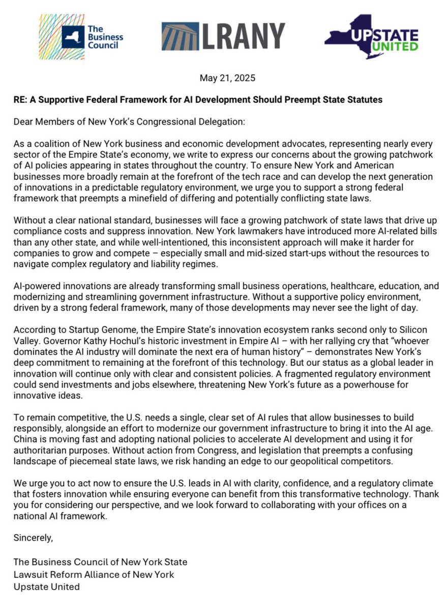 Upstate United (@upstatenyunited) on Twitter photo This morning, we joined <a href="/BusinessNYS/">The Business Council</a> and <a href="/LawsuitReformNY/">Lawsuit Reform Alliance of New York</a> in urging NY’s Congressional Delegation to support a national AI framework—avoiding a patchwork of state laws that could undermine innovation and investment, and threaten our competitive edge in the AI race. This morning, we joined <a href="/BusinessNYS/">The Business Council</a> and <a href="/LawsuitReformNY/">Lawsuit Reform Alliance of New York</a> in urging NY’s Congressional Delegation to support a national AI framework—avoiding a patchwork of state laws that could undermine innovation and investment, and threaten our competitive edge in the AI race.