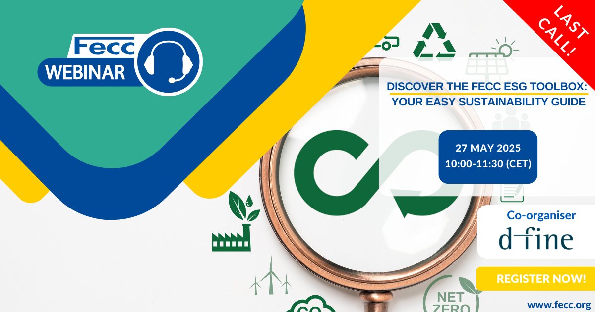 FeccEurope's tweet image. 🚨 LAST CALL!
💻 Fecc/dfine webinar: Discover the Fecc ESG Toolbox - Your Easy Sustainability Guide
🤝 Co-organiser: #dfine
📅 27 May 2025 | 10:00-11:30 CET

⚠Open to Fecc members &amp;amp; members of Fecc national associations.

📲 More info and registration-&amp;gt; fecc.org/event/fecc-dfi…