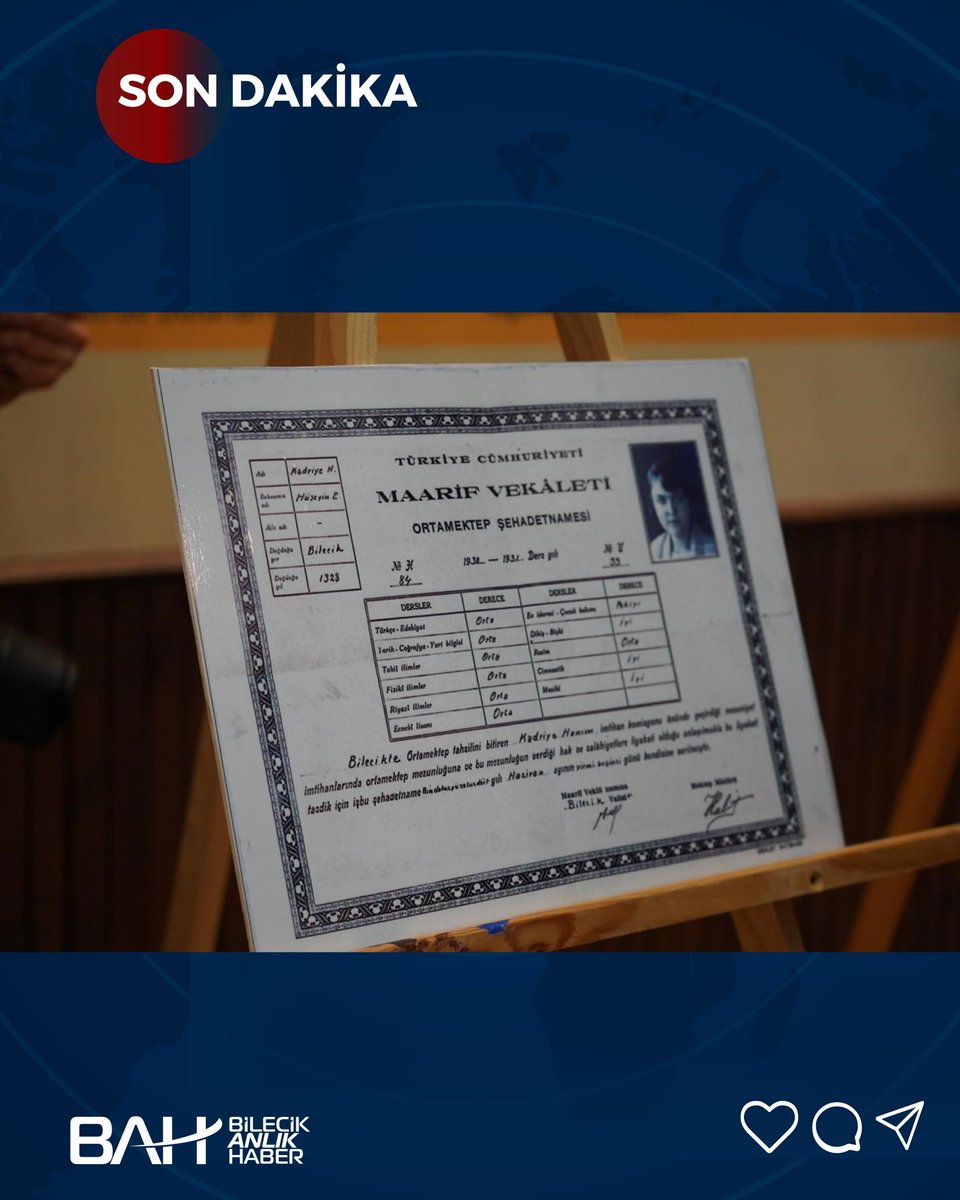 Emekli vali Doğan Pazarcıklı'nın, Bilecik'te açılan Tarihi Diploma Sergisi'nde sergilenen ve o günkü adı 'Umuru Maarif Vekâleti Zükur İbtidaisi Tasdiknamesi' olan, babasına ait 105 yıllık diplomayı görenler bu tarihi eserden adeta gözlerini alamadı.
Bilecik Belediyesi tarafından