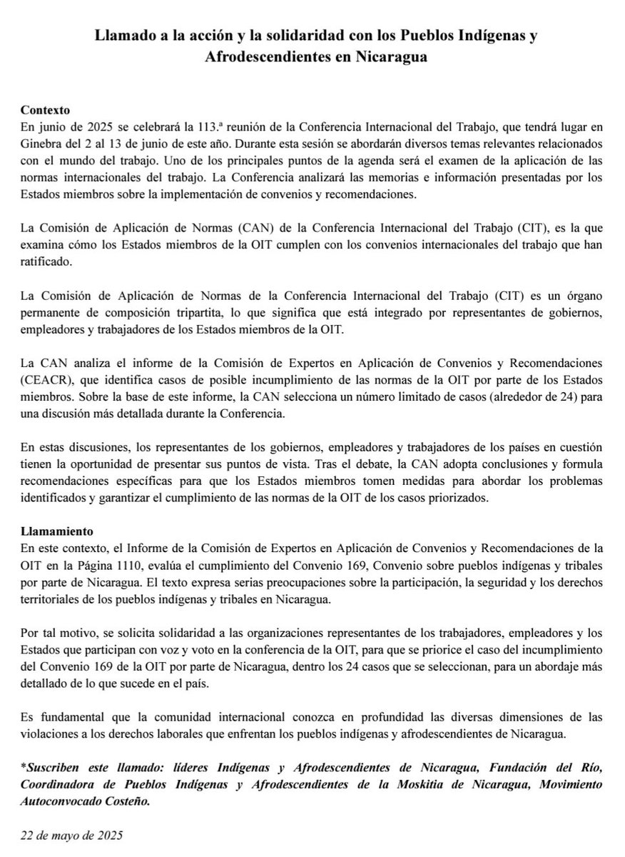 El día de hoy, junto con otras organizaciones hacemos un llamado a la acción y la solidaridad con los Pueblos Indígenas y Afrodescendientes de #Nicaragua en el marcó de la sesión tripartita de junio de la <a href="/OIT_AmerCentral/">OIT América Central</a>.
