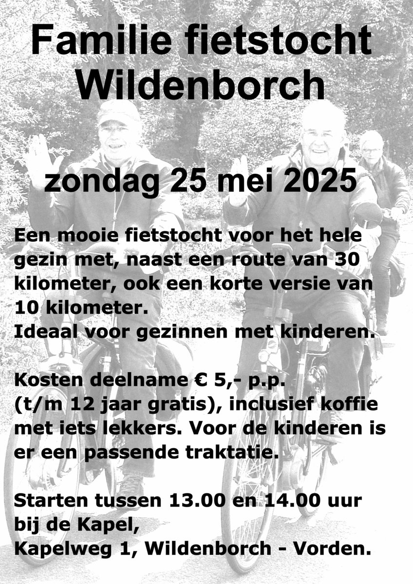 kplwildenborch's tweet photo. Fiets je mee a.s. zondag, 25 mei? 

Ca. 30 / ca. 10 km
Start 13 - 14 uur, Wildenborchse Kapel, Kapelweg 1, 7251 KM Vorden
€ 5 p.p., kinderen t/m 12 jaar gratis

#fietstocht #activiteit #dagjeuit #uitje #fietsen #genieten #natuur #achterhoek #wildenborch #vorden #lochem #barchem https://t.co/c5wHYrRMr1