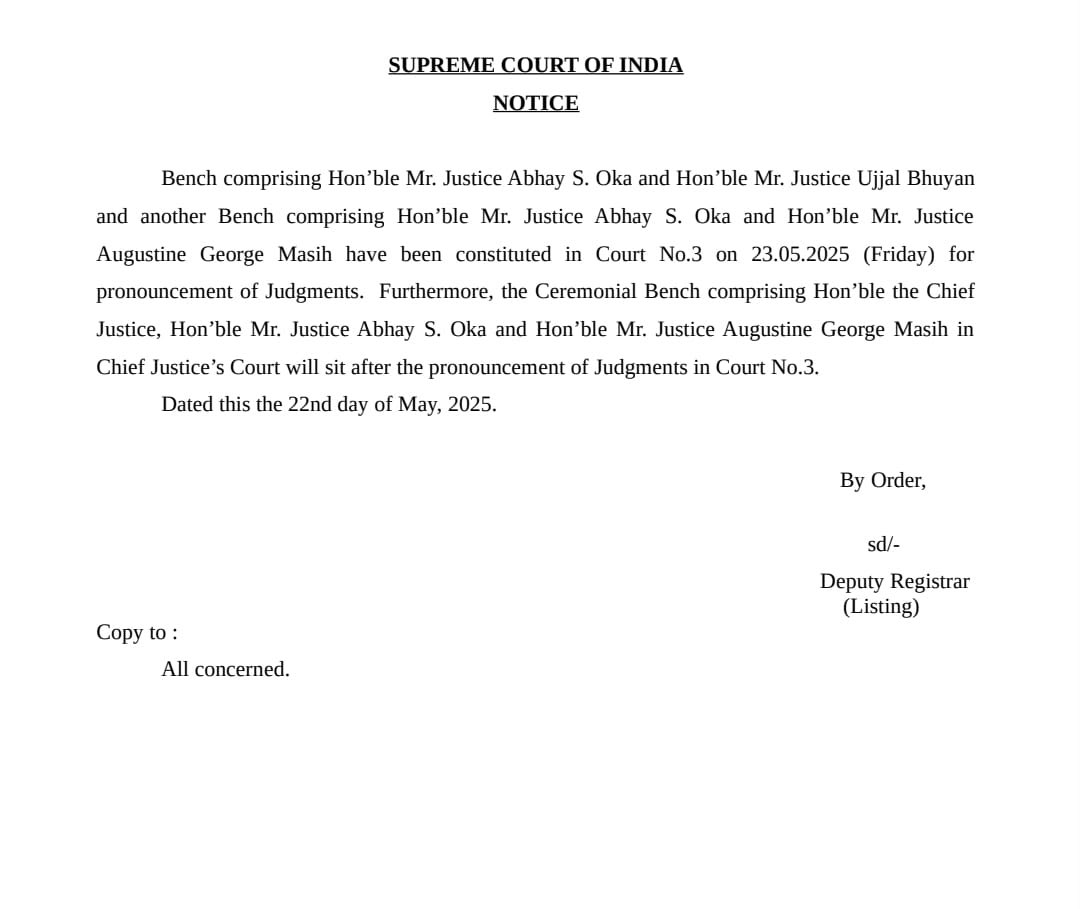 Justice Abhay S. Oka lost his mother today. He will return to work tomorrow. As many as ten judgments will be pronounced by him on his last day on the bench. Deep respect for his strength and commitment.