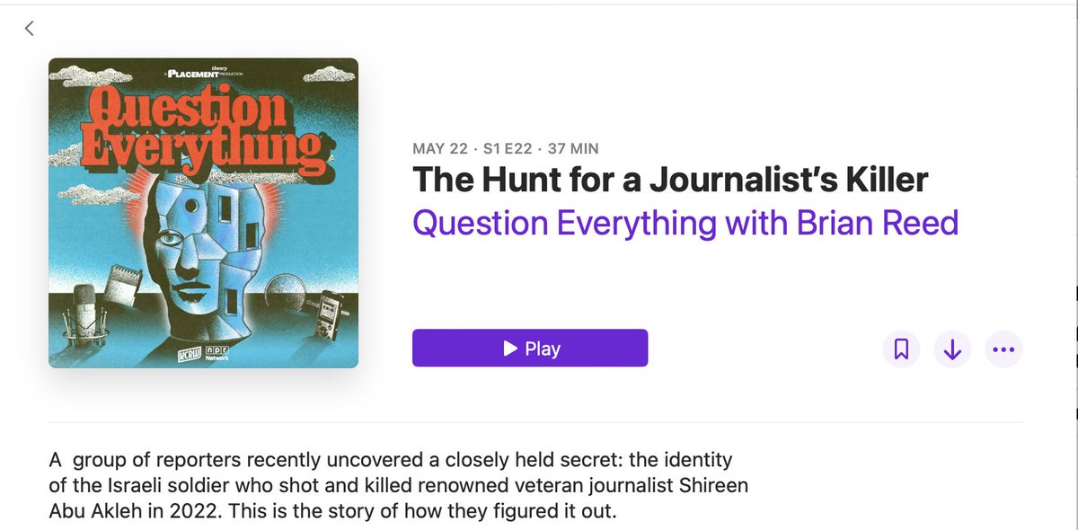DionNissenbaum's tweet image. Thanks to @BriHReed, @sophiekazis and the Question Everything podcast for having me on the latest episode to talk about how we tracked down the Israeli Soldier who killed Shireen Abu Akleh for the new film "Who Killed Shireen?"
Link: podcasts.apple.com/us/podcast/the…