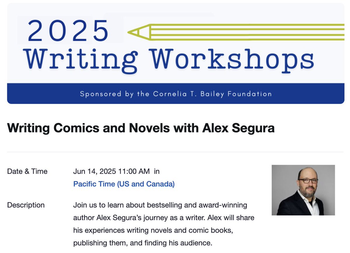 NEXT MONTH! June 14!

Our pal Alex Segura is doing a live Zoom writing workshop on comics and novels in conjunction with Nova Southeastern University on June 14!  ANYONE can sign up and join in! So you should do just that HERE: nova.zoom.us/meeting/regist…