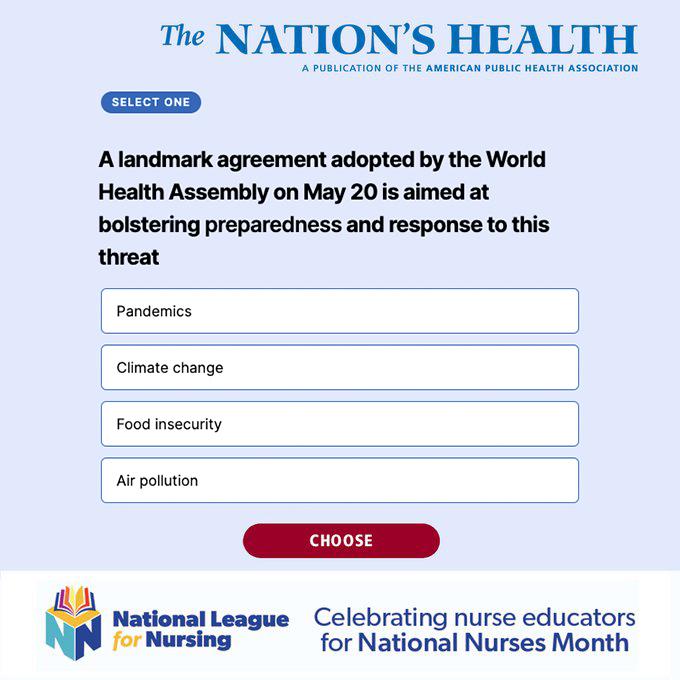 The Nation's Health (@nationshealth) on Twitter photo What's the game plan for this global threat to public health? 🌍 Take the <a href="/nationshealth/">The Nation's Health</a> news quiz to find out! thenationshealth.org/page/quiz What's the game plan for this global threat to public health? 🌍 Take the <a href="/nationshealth/">The Nation's Health</a> news quiz to find out! thenationshealth.org/page/quiz