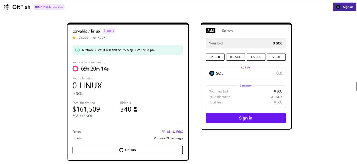 Onefly's tweet image. 用 #github 仓库的项目发币，主打一个开源公开

1⃣长时拍卖预售模式，主打一个公平（fair-launch）

2⃣交易费直接分成给Github的owner，主打一个dev愿意干活

3⃣发币有人工审核环节，过滤了一些乱发的垃圾币

时间还长 收藏看看 继续研究 #gitfish $linux

链接：
gitfish.dev/?referrer=6EDJ…