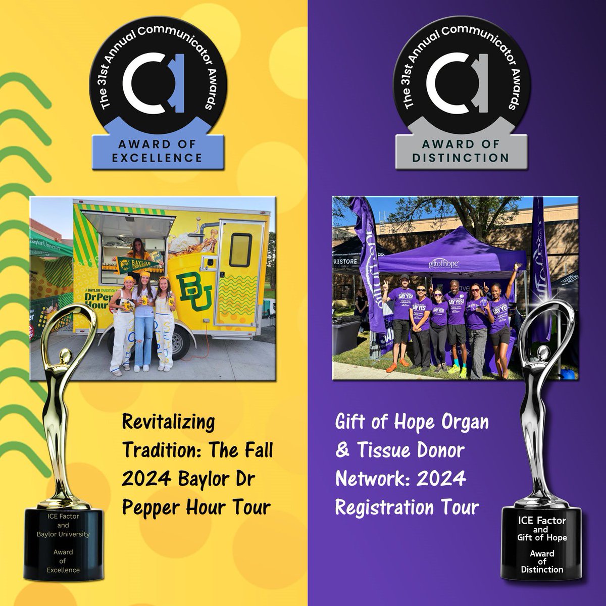 ICEFactor's tweet photo. Two wins. One incredible journey.
🏆 Baylor Dr Pepper Hour Tour – Award of Excellence
💜 Gift of Hope Registration Tour – Award of Distinction
We’re proud, we’re grateful, and we’re just getting started.
See why these campaigns were recognized 👉 https://t.co/KSxUfXEWfW https://t.co/b3xxPiRgNH