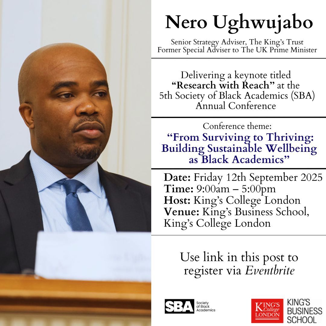 The Society of Black Academics ๐ (@thesbaacademia) on Twitter photo We are delighted to share that Dr <a href="/neroughwujabo/">Nero Ughwujabo</a> โ Senior Strategy Adviser at The @King's Trust and Former Special Adviser to the UK Prime Minister โ will be joining us as a speaker at the 5th Annual Society of Black Academics Conference!
See more: linkedin.com/feed/update/urโฆ We are delighted to share that Dr <a href="/neroughwujabo/">Nero Ughwujabo</a> โ Senior Strategy Adviser at The @King's Trust and Former Special Adviser to the UK Prime Minister โ will be joining us as a speaker at the 5th Annual Society of Black Academics Conference!
See more: linkedin.com/feed/update/urโฆ