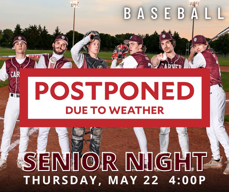 The Baseball Game and Senior Night scheduled for today, Thursday. May 22 at Carver Middle High School has been postponed due to weather.  We will share when we have the confirmed rescheduled date. Visit the calendar on our website for up to date info. bit.ly/3QKWG9u