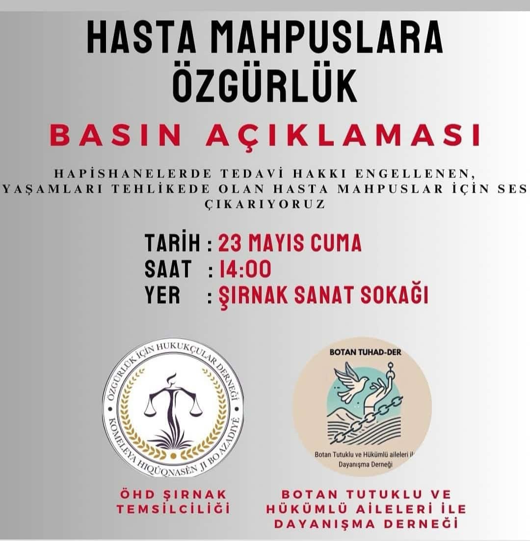 Şırnak KESK (@kesk_73) on Twitter photo Emek ve Demokrasi Platformu bileşeni ÖHD ve Botan TUHAD DER öncülüğünde "Hasta Tutsaklara Özgürlük" amacıyla gerçekleştirilecek olan basın açıklamasına tüm kesimleri bekliyoruz.
<a href="/ohdsirnak/">ÖHD Şırnak</a> <a href="/sesgenelmerkezi/">SES Genel Merkezi</a> <a href="/KESK1995/">KESK</a> <a href="/egitimsen/">Eğitim Sen</a> <a href="/sirnakegitimsen/">Eğitim Sen Şırnak</a> <a href="/SirnakSes/">SES Şırnak Şubesi</a> Emek ve Demokrasi Platformu bileşeni ÖHD ve Botan TUHAD DER öncülüğünde "Hasta Tutsaklara Özgürlük" amacıyla gerçekleştirilecek olan basın açıklamasına tüm kesimleri bekliyoruz.
<a href="/ohdsirnak/">ÖHD Şırnak</a> <a href="/sesgenelmerkezi/">SES Genel Merkezi</a> <a href="/KESK1995/">KESK</a> <a href="/egitimsen/">Eğitim Sen</a> <a href="/sirnakegitimsen/">Eğitim Sen Şırnak</a> <a href="/SirnakSes/">SES Şırnak Şubesi</a>