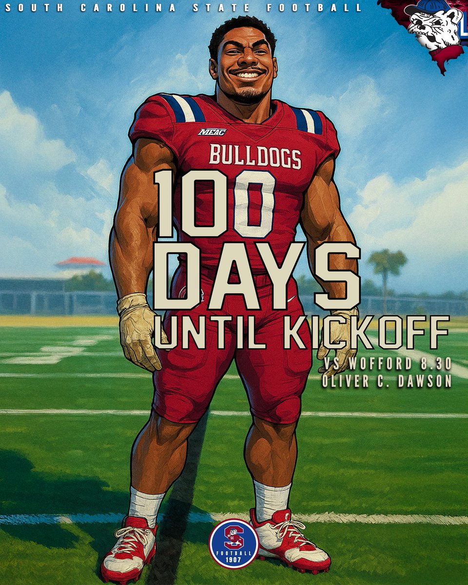 South Carolina State Football (@scstate_fb) on Twitter photo #GoDogs
In 100 Days your SC STATE FOOTBALL BULLDOGS will take the field for their FIRST GAME AT HOME to compete against <a href="/Wofford_FB/">Wofford Football</a>
<a href="/SCStateAthletic/">SC State Athletics</a> <a href="/MEACSports/">Mid-Eastern Athletic Conference</a> <a href="/coachberry77/">Chennis Berry</a>
#PayTheFEE
#DigDEEP
#FearTheBITE
#CWCW
#BBB
๐ด๐ต๐ถ๐ #GoDogs
In 100 Days your SC STATE FOOTBALL BULLDOGS will take the field for their FIRST GAME AT HOME to compete against <a href="/Wofford_FB/">Wofford Football</a>
<a href="/SCStateAthletic/">SC State Athletics</a> <a href="/MEACSports/">Mid-Eastern Athletic Conference</a> <a href="/coachberry77/">Chennis Berry</a>
#PayTheFEE
#DigDEEP
#FearTheBITE
#CWCW
#BBB
๐ด๐ต๐ถ๐