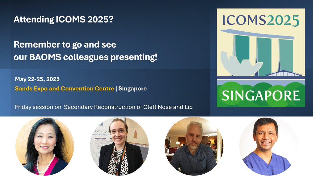 BAOMS (@baomsofficial) on Twitter photo <a href="/BAOMSOfficial/">BAOMS</a> will be represented at #ICOMS2025 by <a href="/KathyFanSurgeon/">Prof KathyFan PhD, FRCSEd, FDS RCSEng, FRCS OMFS</a>, <a href="/GruberMiss/">MissGruber</a> , <a href="/niallmcleod/">Niall McLeod</a> & <a href="/SPOMFS1/">Satheesh Prabhu</a> at a session on Friday at 11. Go and see them if you can! <a href="/BAOMSOfficial/">BAOMS</a> will be represented at #ICOMS2025 by <a href="/KathyFanSurgeon/">Prof KathyFan PhD, FRCSEd, FDS RCSEng, FRCS OMFS</a>, <a href="/GruberMiss/">MissGruber</a> , <a href="/niallmcleod/">Niall McLeod</a> & <a href="/SPOMFS1/">Satheesh Prabhu</a> at a session on Friday at 11. Go and see them if you can!