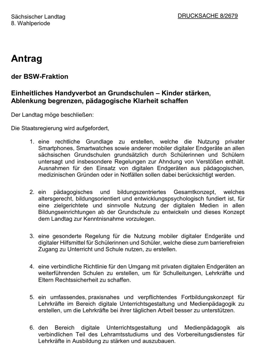 Vernünftiger BSW-Antrag zum Handyverbot an Grundschulen (➡️ private Geräte) erhält heute keine Mehrheit im Sächsischen Landtag, obwohl laut Bildungsminister Handys an Grundschulen nichts zu suchen haben und er sogar für „Handy-Gipfel“ im August wirbt? - Note 6! Setzen! 🙄