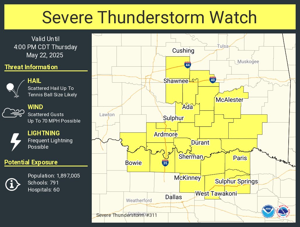 A severe thunderstorm watch has been issued for parts of Oklahoma and Texas until 4 PM CDT