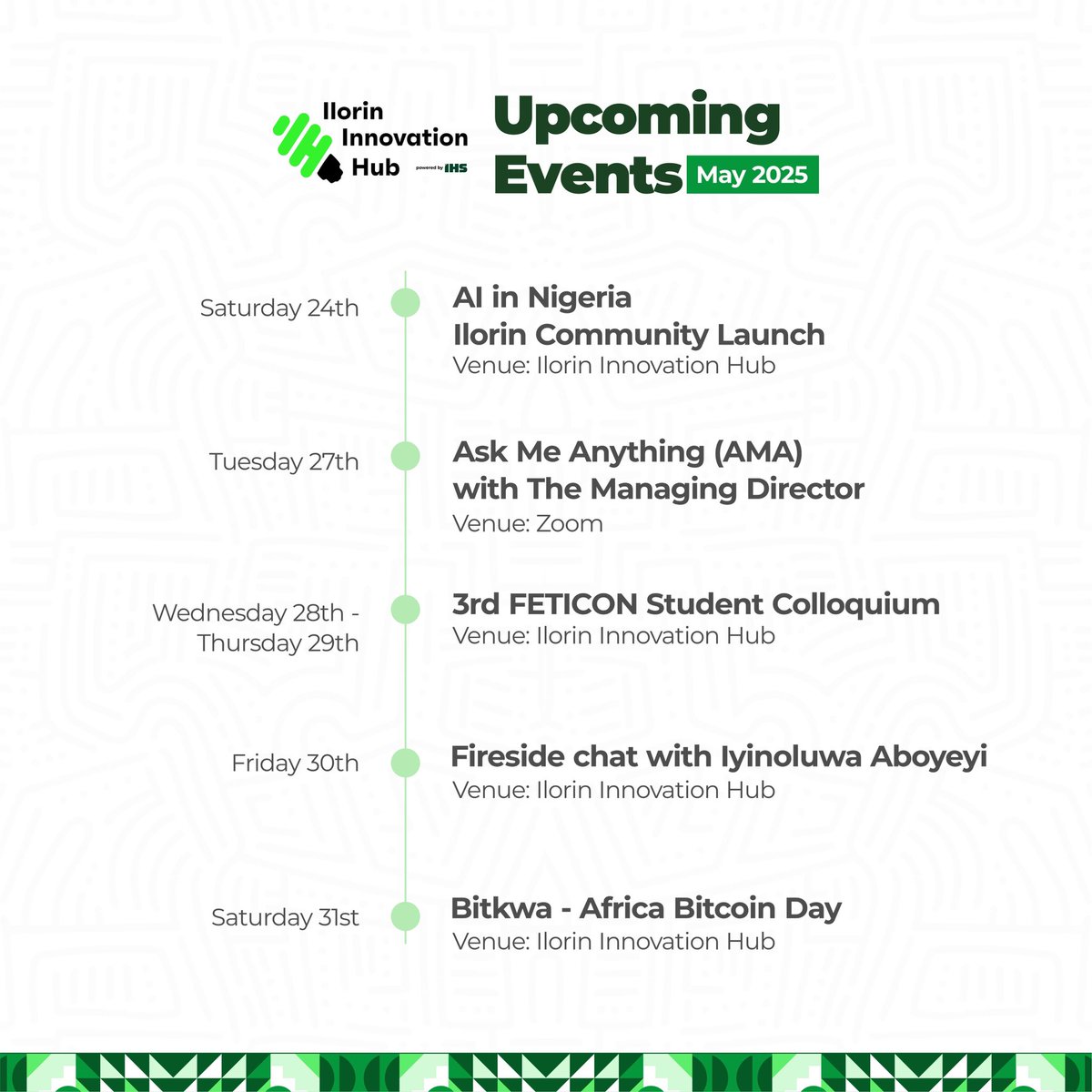 IlorinHub's tweet image. We’re wrapping up May with high-impact events that build momentum for our June program rollout.
From AI and Bitcoin to student innovation and leadership talks, here’s what’s coming up.
#IlorinInnovationHub #TechEcosystem #Kwara #Ilorin