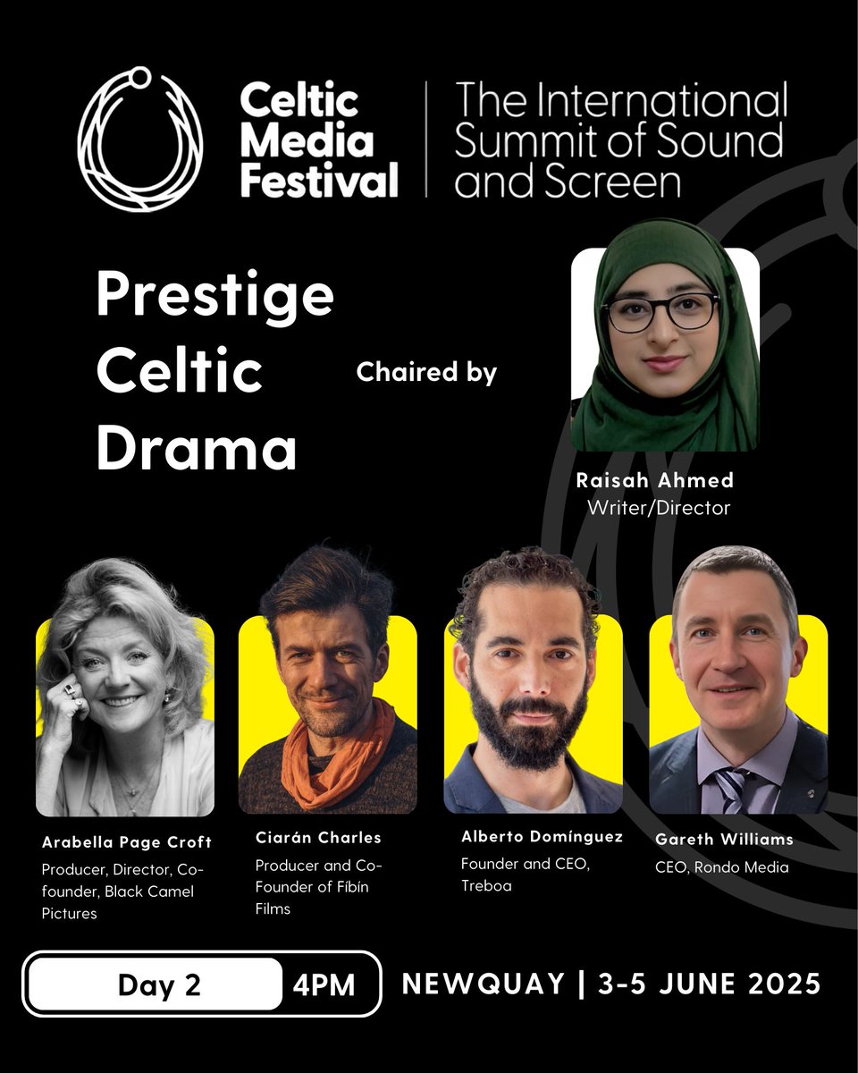 Celtic Media Festival (@celticmediafest) on Twitter photo ✨Prestige Celtic Drama✨
🗓️Wed 4th of June at 4pm
Chaired by <a href="/RaisahAhmed/">Raisah Ahmed</a>, alongside an expert panel featuring Alberto Domínguez (Treboa), Arabella Page Croft (<a href="/BlackCamelPic/">Black Camel Pictures</a>), Ciarán Charles (<a href="/FibinTeo/">Fíbín</a>), and Gareth Williams (<a href="/rondomedia/">Rondo</a>) ✨Prestige Celtic Drama✨
🗓️Wed 4th of June at 4pm
Chaired by <a href="/RaisahAhmed/">Raisah Ahmed</a>, alongside an expert panel featuring Alberto Domínguez (Treboa), Arabella Page Croft (<a href="/BlackCamelPic/">Black Camel Pictures</a>), Ciarán Charles (<a href="/FibinTeo/">Fíbín</a>), and Gareth Williams (<a href="/rondomedia/">Rondo</a>)