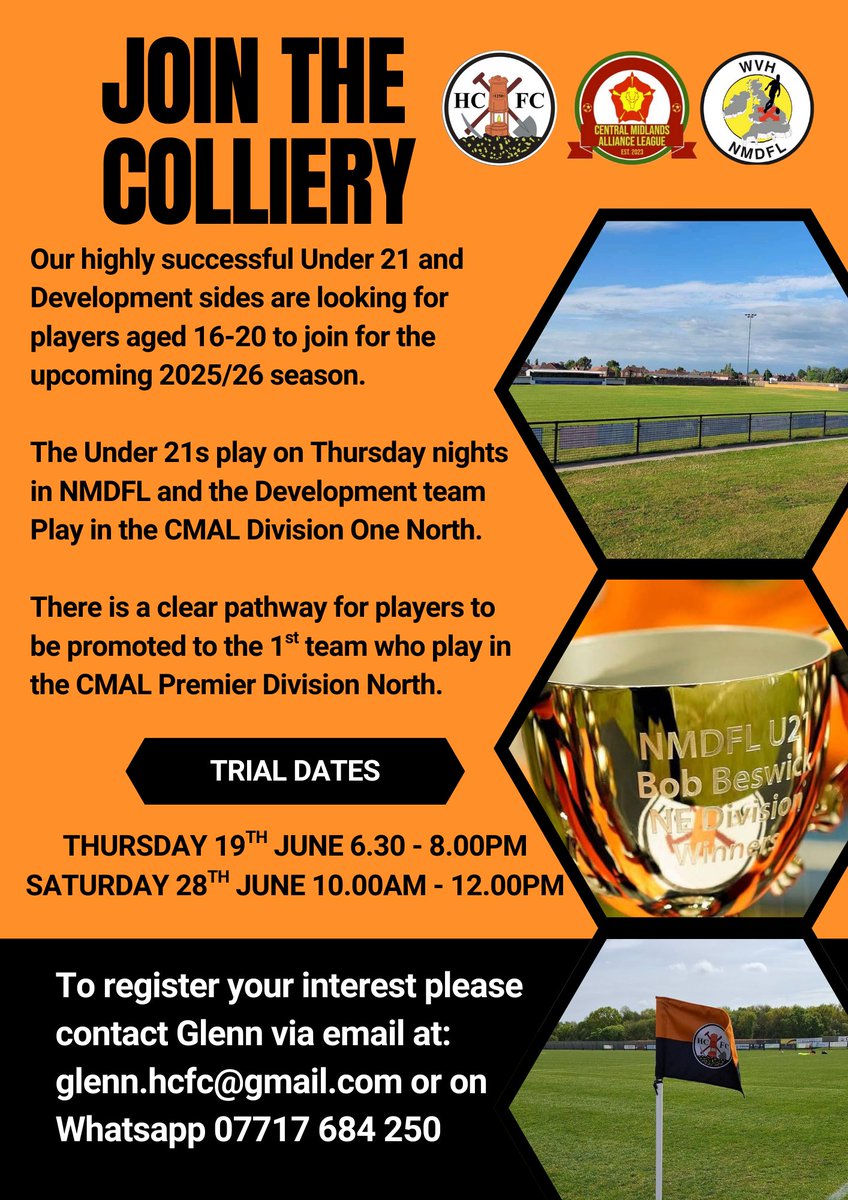 🚨TRIAL DATES🚨

Are you aged 16-20?
Are you looking for a team?

Then please see all details below for upcoming trial dates in June for our Development and Under 21 sides.