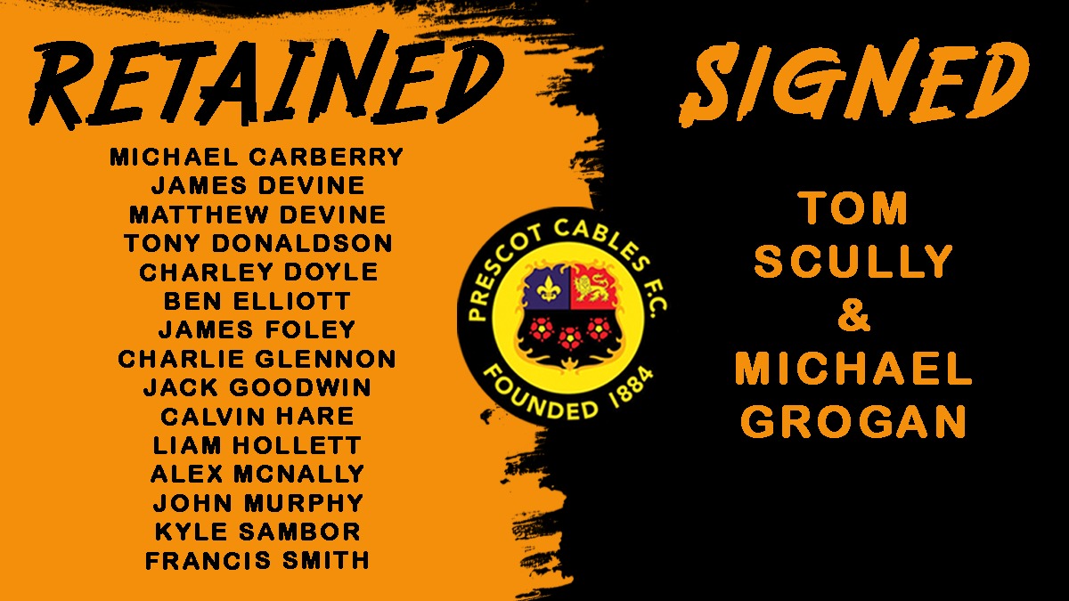 PrescotCablesFC's tweet photo. We are pleased to announce our retained list for the 2025/26 @NorthernPremLge Season. 

We thank departing loanees Scott Butler and Bradley Moonan for their service as they return to their parent clubs. https://t.co/5v3afcxo9Y