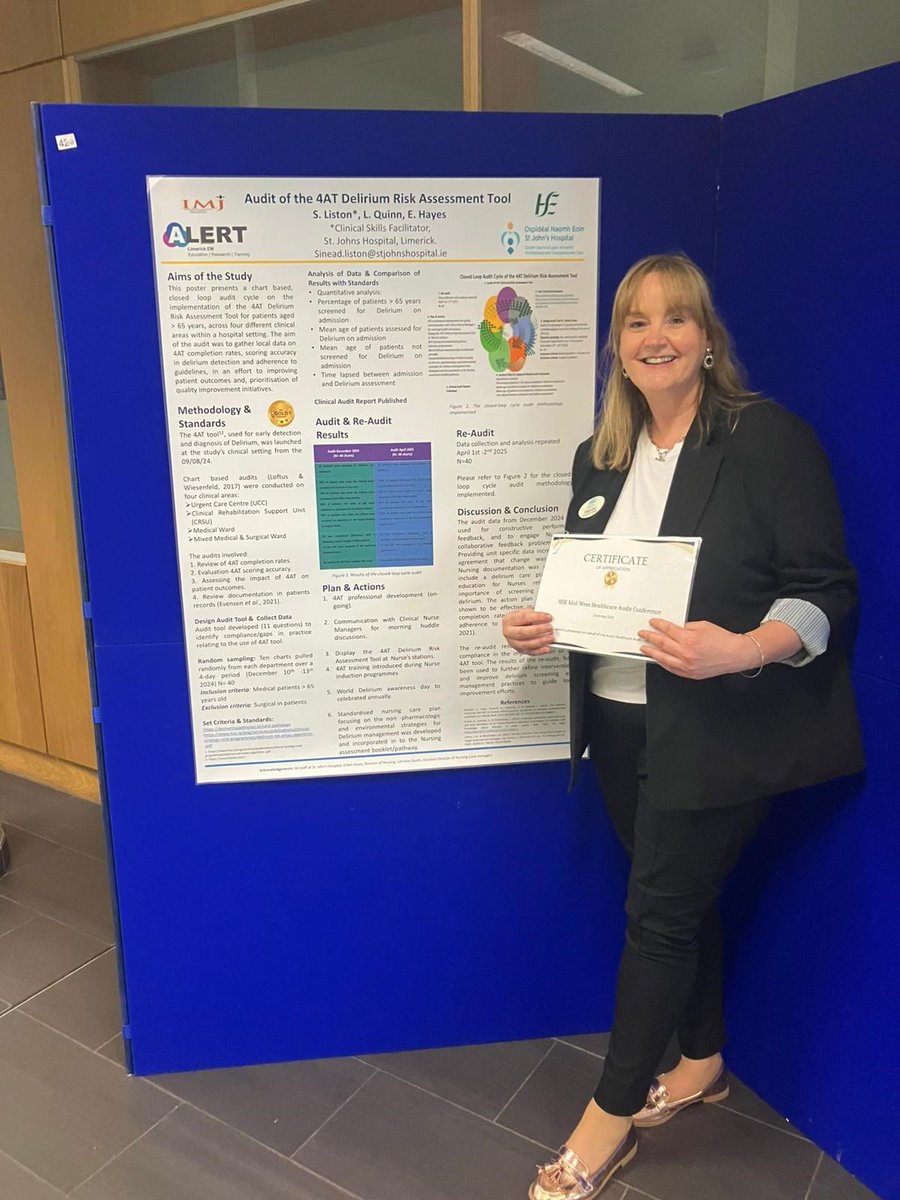 St. John's Hospital, Limerick (@stjohnshosplmk) on Twitter photo Sinead Liston, CSF <a href="/StJohnsHospLmk/">St. John's Hospital, Limerick</a> one of the poster prizewinners of the day for her poster on 4AT Delirium Risk Assessment Tool <a href="/HSEMidWest/">HSE Mid West</a> Healthcare Audit Conference 2025
Well done to Sinead and all the participants 👏👏 Sinead Liston, CSF <a href="/StJohnsHospLmk/">St. John's Hospital, Limerick</a> one of the poster prizewinners of the day for her poster on 4AT Delirium Risk Assessment Tool <a href="/HSEMidWest/">HSE Mid West</a> Healthcare Audit Conference 2025
Well done to Sinead and all the participants 👏👏