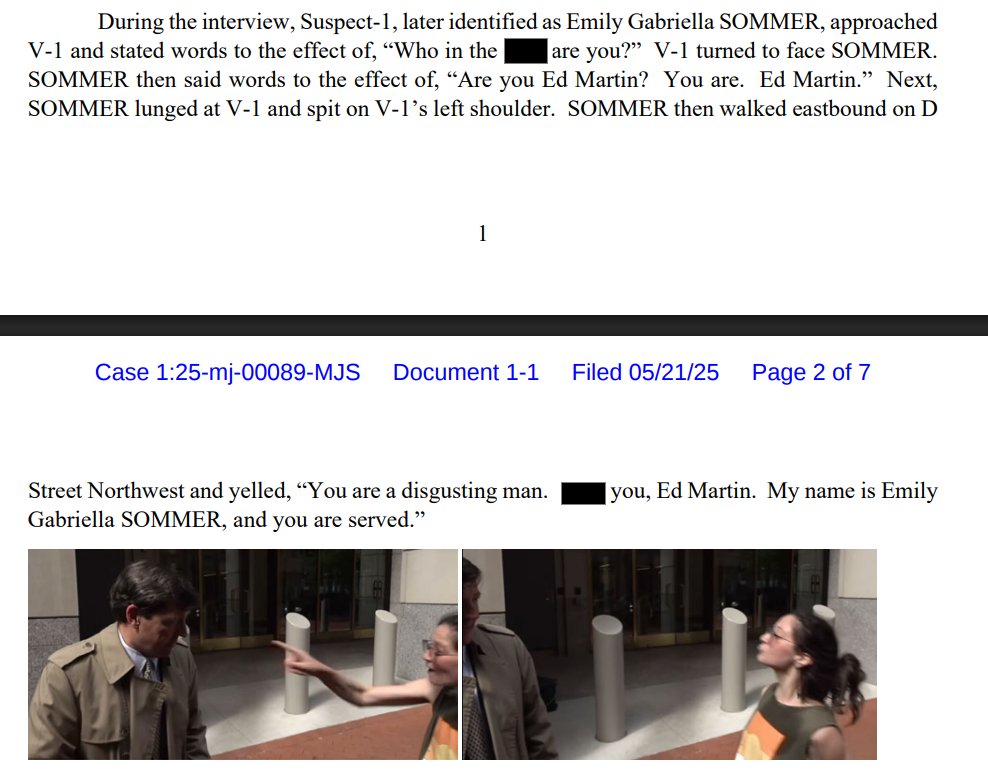 NEW: Assault charge unsealed against Emily Gabriella Sommer, who is accused of spitting on former acting U.S. Attorney Ed Martin Jr. while he was doing an interview w/ Newsmax earlier this month. Docs here: storage.courtlistener.com/recap/gov.usco…