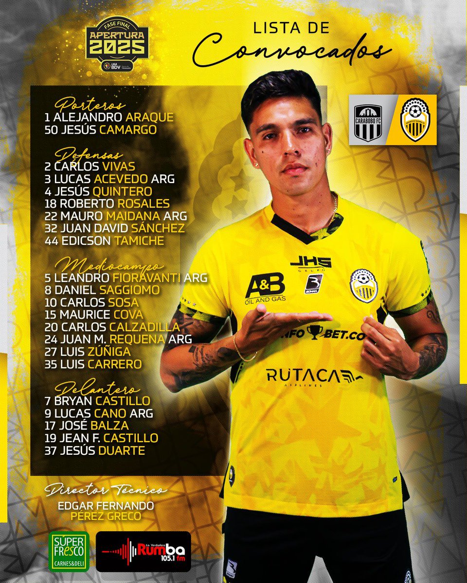 𝐀𝐋𝐌𝐀, 𝐕𝐈𝐃𝐀 𝐘 𝐂𝐎𝐑𝐀𝐙𝐎𝐍, 𝐣𝐮𝐧𝐭𝐨𝐬 𝐚 𝐬𝐞𝐥𝐥𝐚𝐫 𝐞𝐥 𝐛𝐨𝐥𝐞𝐭𝐨 𝐚 𝐥𝐚 𝐟𝐢𝐧𝐚𝐥👊

📋 Los convocados por el profesor Edgar Pérez Greco para enfrentar a Carabobo en el Misael Delgado 🦾🔥

#VamosTáchira 💛🖤