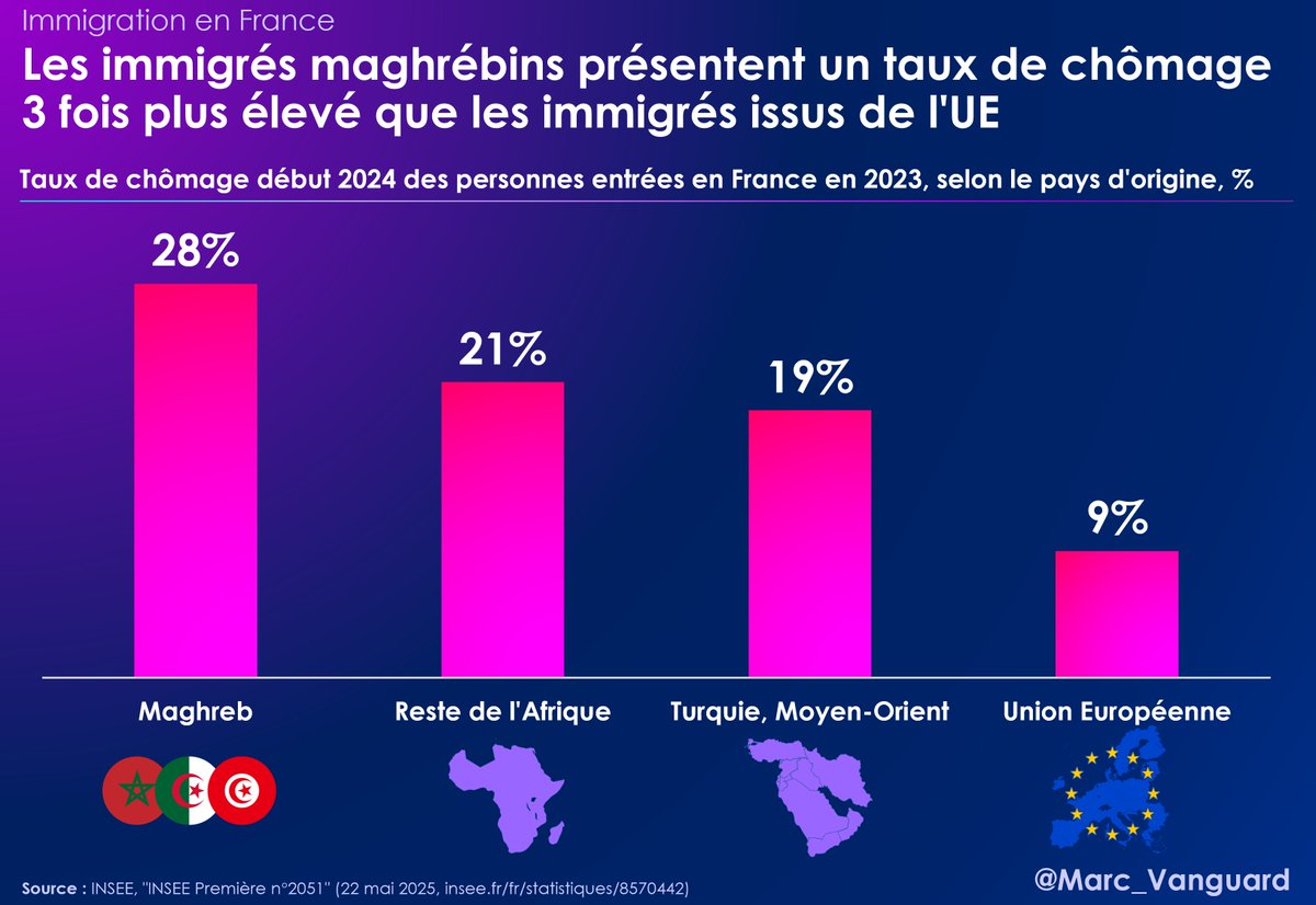 4⃣ Selon l'origine des immigrés, les parcours d'intégration diffèrent.

Ainsi, en 2024, le taux de chômage des immigrés arrivés en 2023 est contrasté.

👉 Maghrébins : 28%
👉 Subsahariens : 21%
👉 Européens (UE) : 9% ⬇️