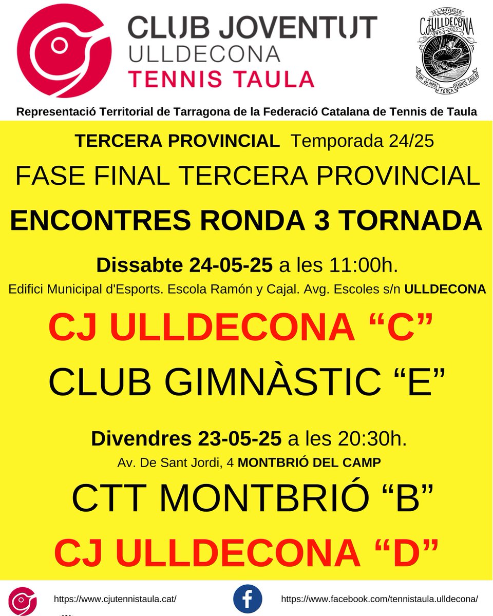 💥🏓Agenda esportiva del Club Joventut Ulldecona - Secció Tennis Taula d’aquest cap de setmana🏓💥