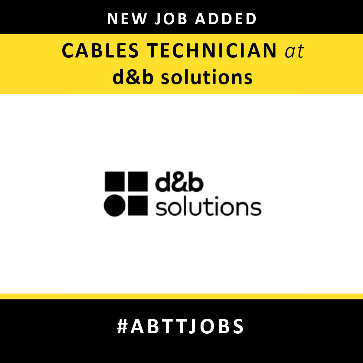 d&amp;b solutions are looking for a Cables Technicianto join their team. This hands-on position involves routine physical tasks, requiring manual handling and a methodical approach.

Find out more and apply here: abtt.org.uk/jobs/cables-te…

#ABTTjobs