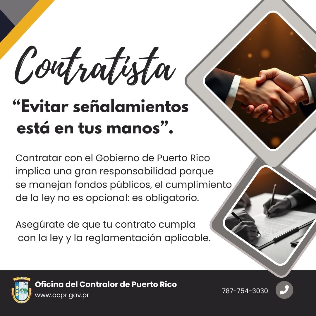 #Contratista - "Evitar señalamientos está en tus manos" ocpr.gov.pr/multimedia/vid…

Guías Generales de Contratación del Gobierno de Puerto Rico - ocpr.gov.pr/folletos-y-afi… 

#ocprinforma #EstáEnTusManos #EvitaSeñalamientos #ActúaConTransparencia
#ResponsabilidadContratista
