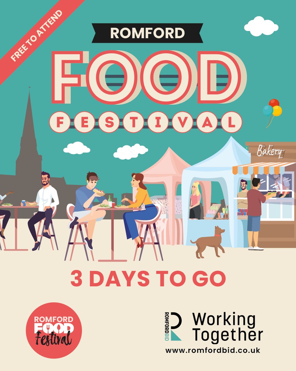Only 3 days until the Romford Food Festival takes over the town centre! 🎉🍴

Expect...
Incredible street food
Wallace &amp; Gromit meet &amp; greets
Biscuit decorating fun - book via our website!
Community Dog Show on Monday 🐾
Free live music, workshops + more!
ow.ly/cRlA50VIUnP